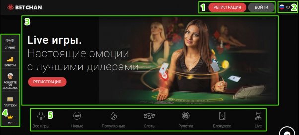 Betchan casino's interface:
main screen